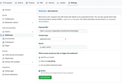 Adding a Webhook in the repository settings