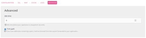 WebSocket site, advanced settings: idle time to 0, and trim path checked