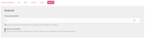 Site WebSocket, réglages avancés : temps d’inactivité à 0, et exclure le chemin