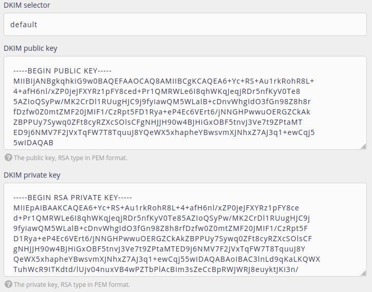 Administration interface: DKIM configuration result