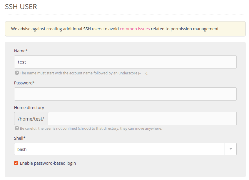 Administration interface: add SSH users