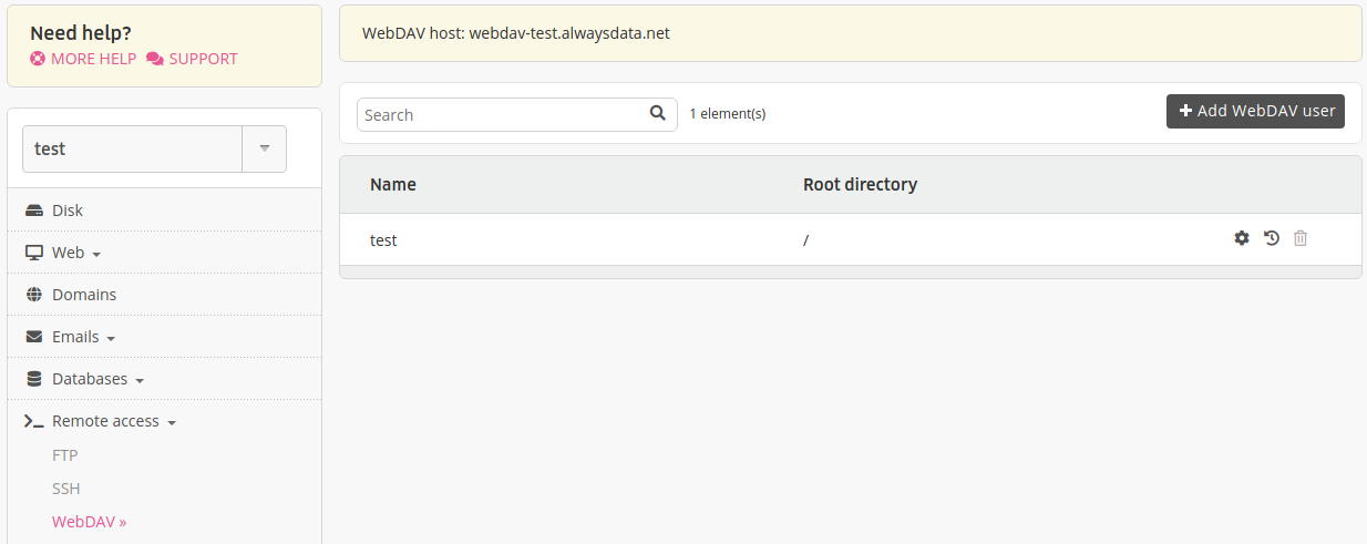 Administration interface: list of WebDAV users