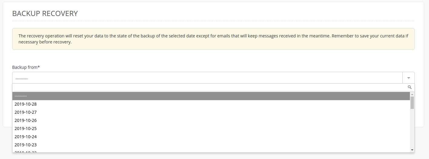 Administration interface: restore backups - step 1