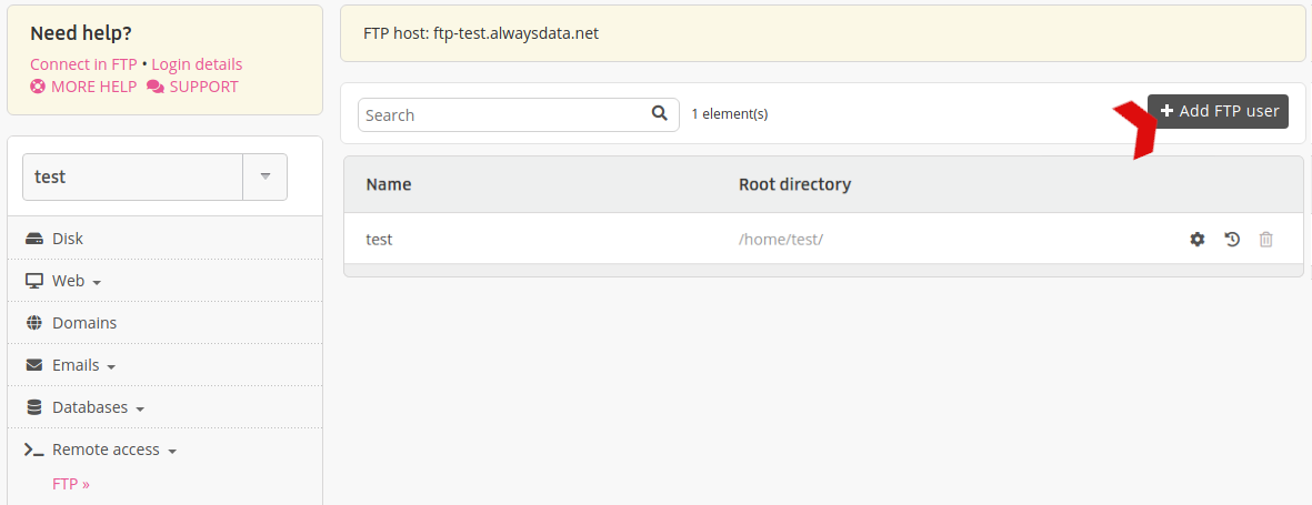Administration interface: list of FTP users