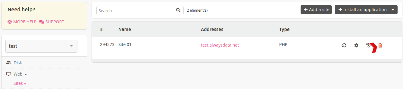 Administration interface: deleting a site