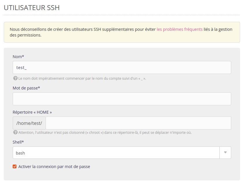Interface d'administration : ajout d'utilisateur SSH