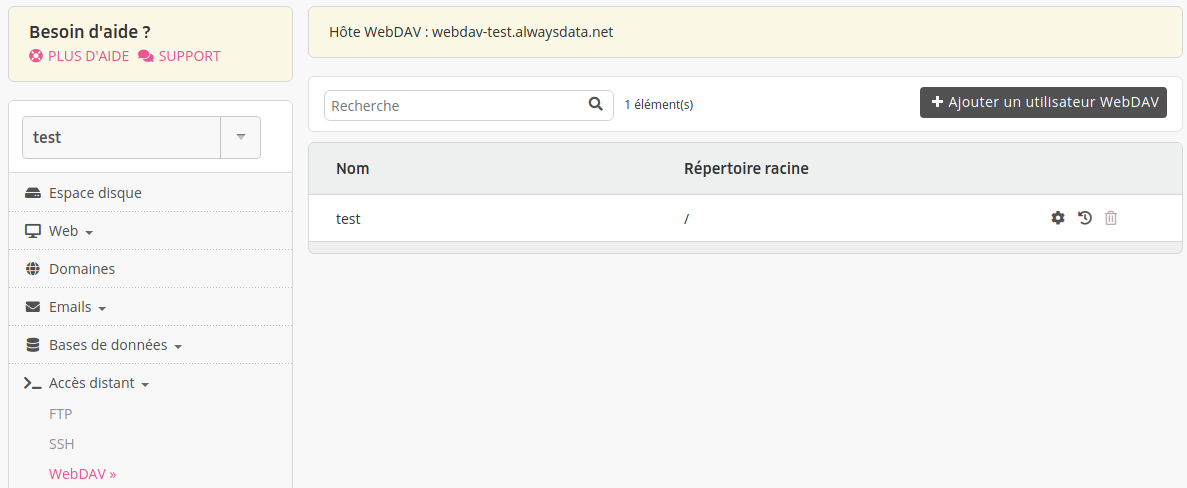 Interface d'administration : liste des utilisateurs WebDAV