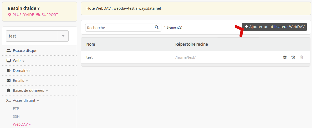 Interface d'administration : liste des utilisateurs WebDAV