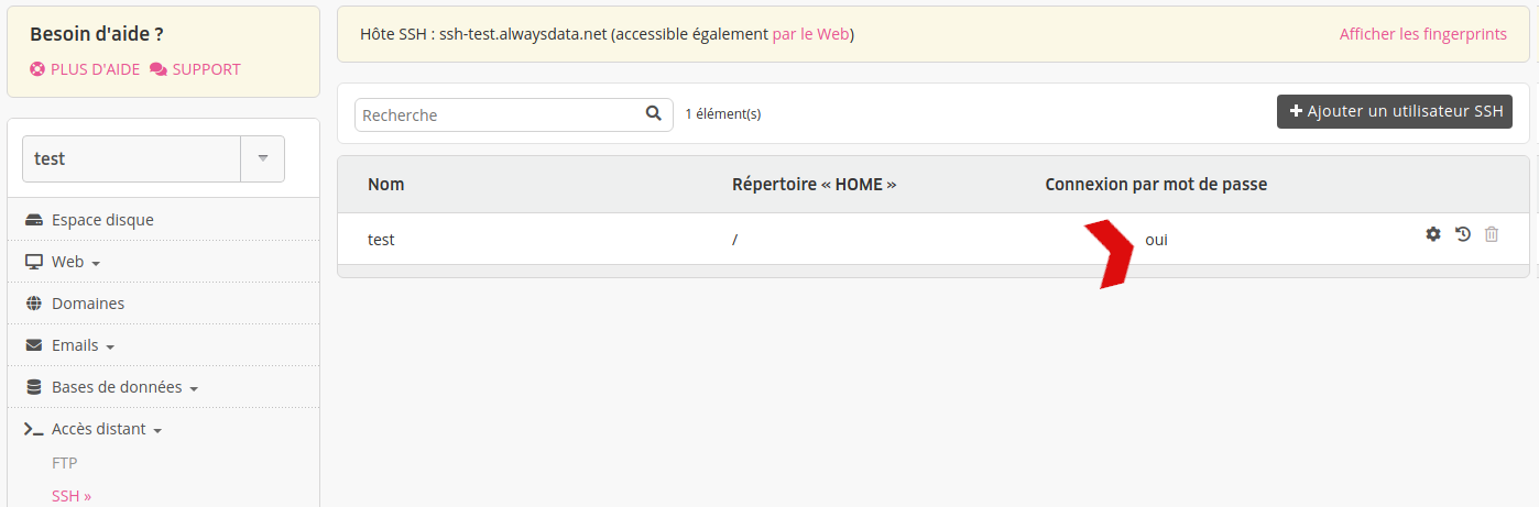 Interface d'administration : liste des utilisateurs SSH
