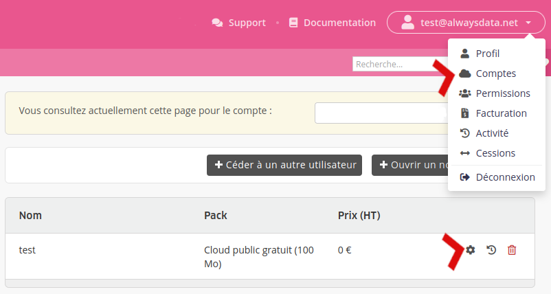 Interface d'administration : liste de ses comptes