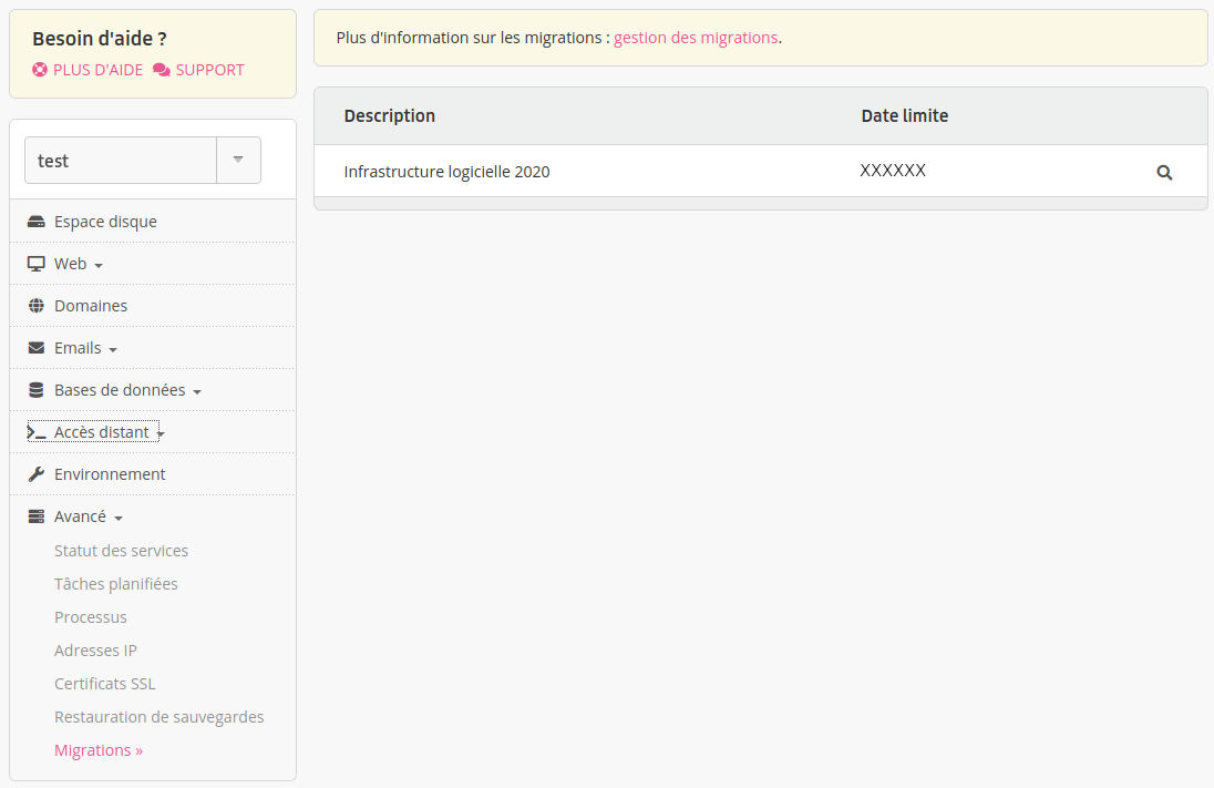Interface d'administration : menu Migrations