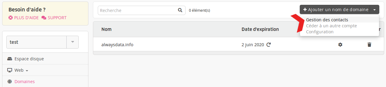 Interface d'administration : accès au menu Gestion des contacts