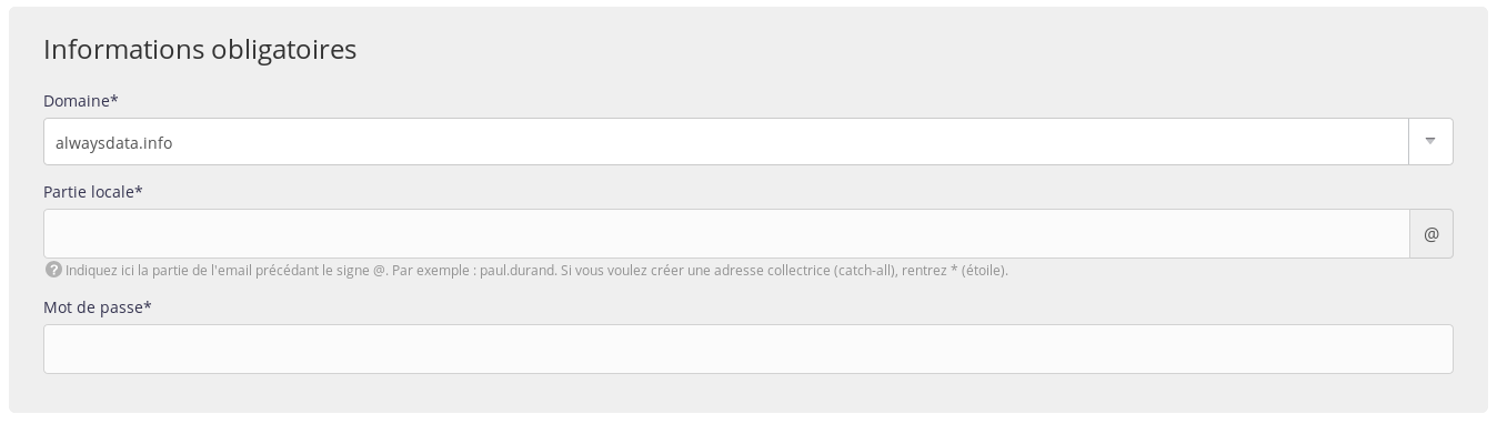 Interface d'administration : Emails - informations obligatoire