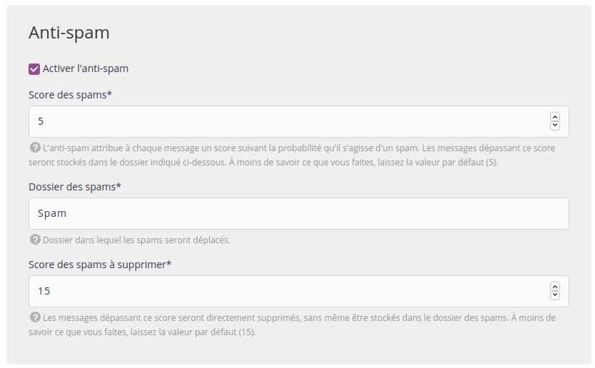 Interface d'administration : Emails - Antispam