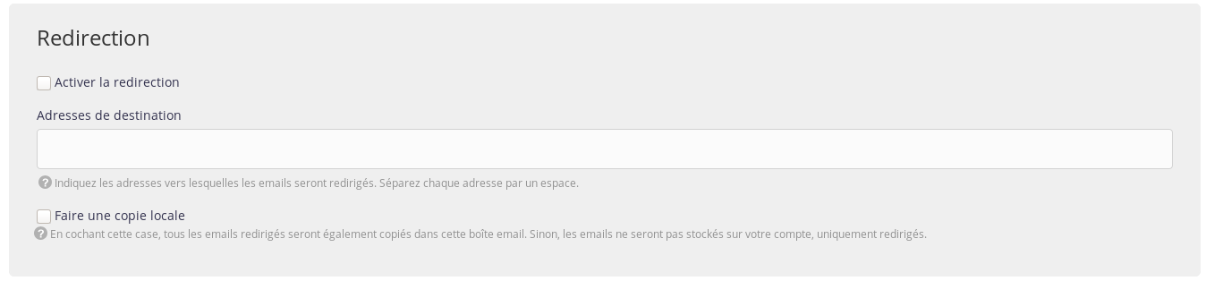Interface d'administration : Emails - Redirection