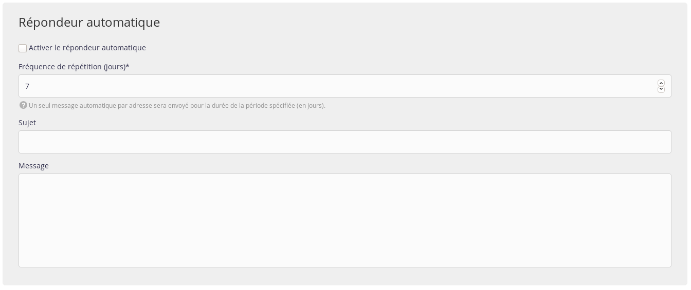Interface d'administration : Emails - Répondeur automatique