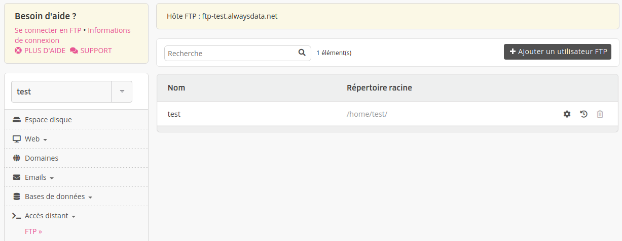 Interface d'administration : liste des utilisateurs FTP