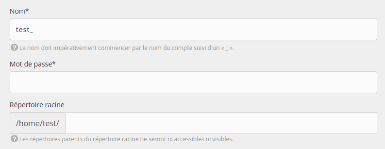 Interface d'administration : ajout d'utilisateur FTP