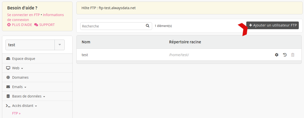 Interface d'administration : liste des utilisateurs FTP