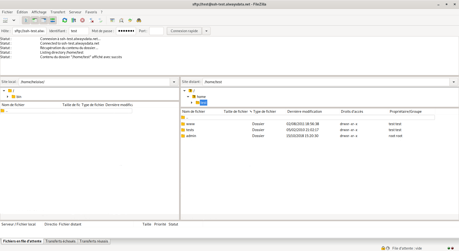 Interface FileZilla : connexion SFTP