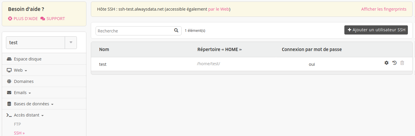 Interface d'administration : liste des utilisateurs SSH