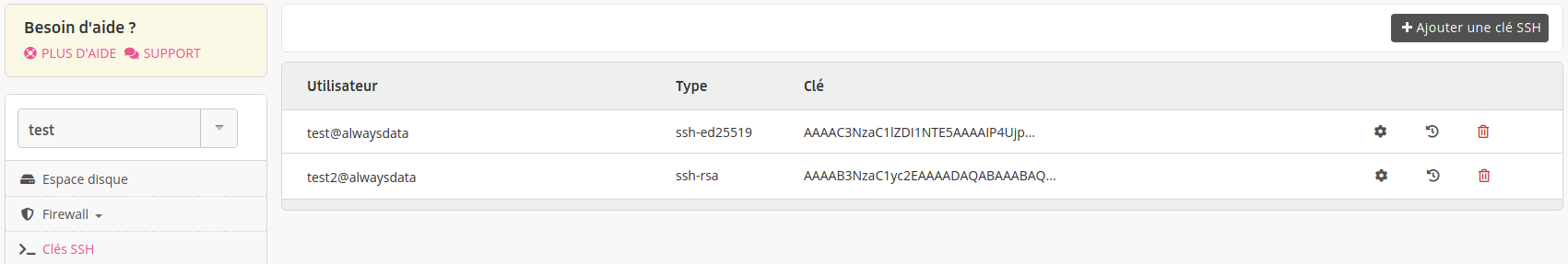 Interface d'administration : clés SSH globales