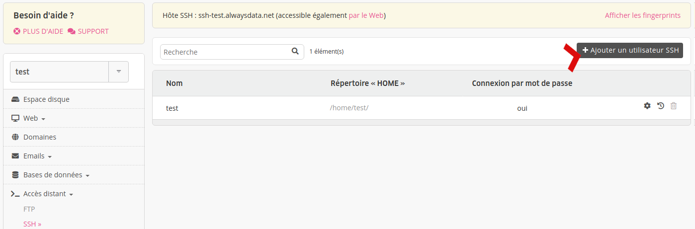 Interface d'administration : liste des utilisateurs SSH