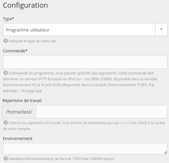 Type de site Programme utilisateur