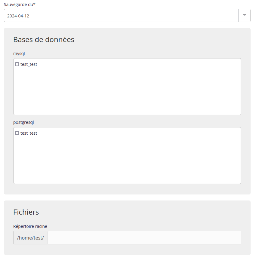 Interface d'administration : restauration de sauvegarde - étape 2
