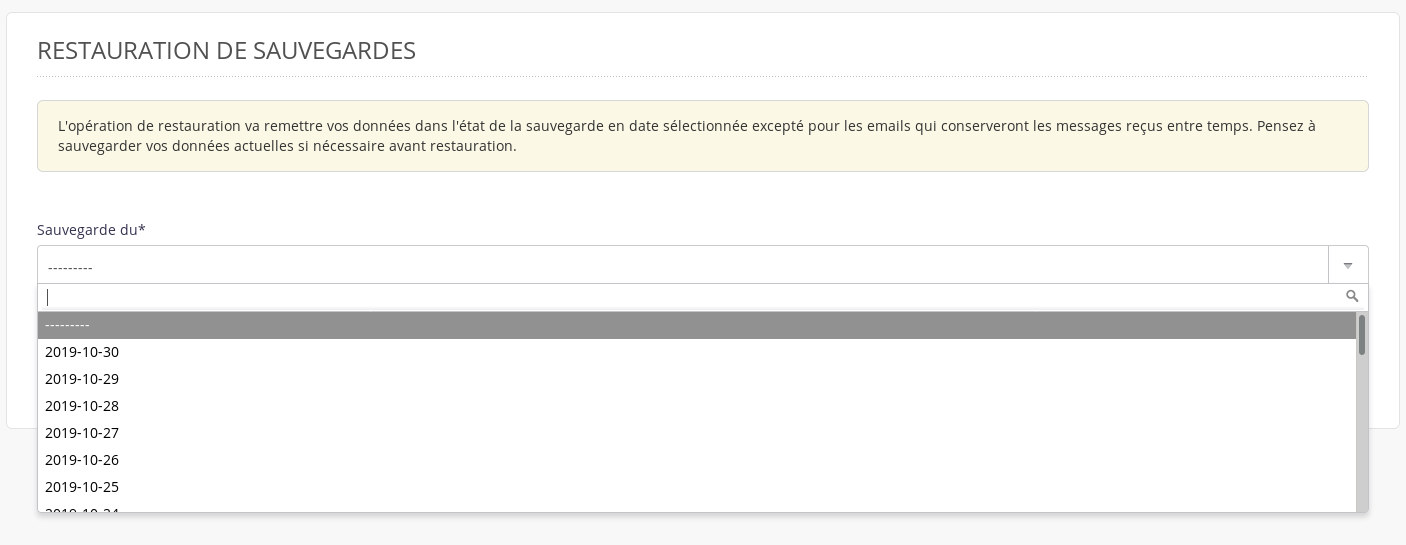 Interface d'administration : restauration de sauvegarde - étape 1