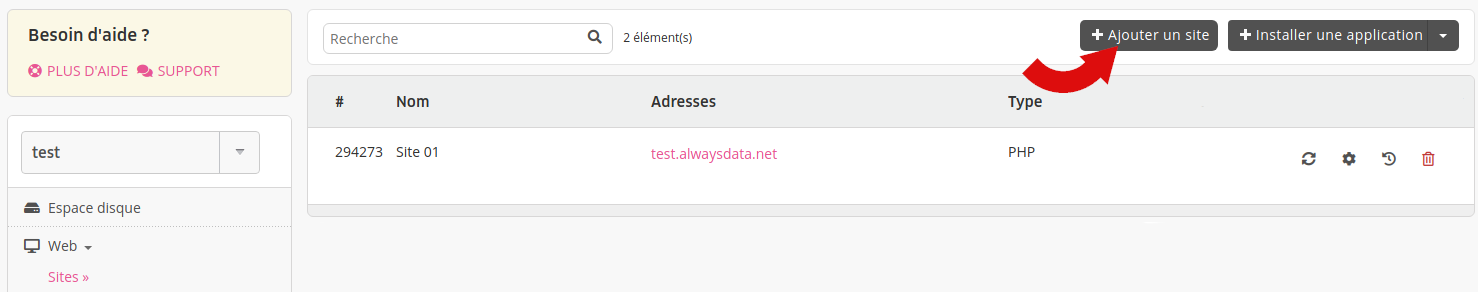 Interface d'administration : liste des sites