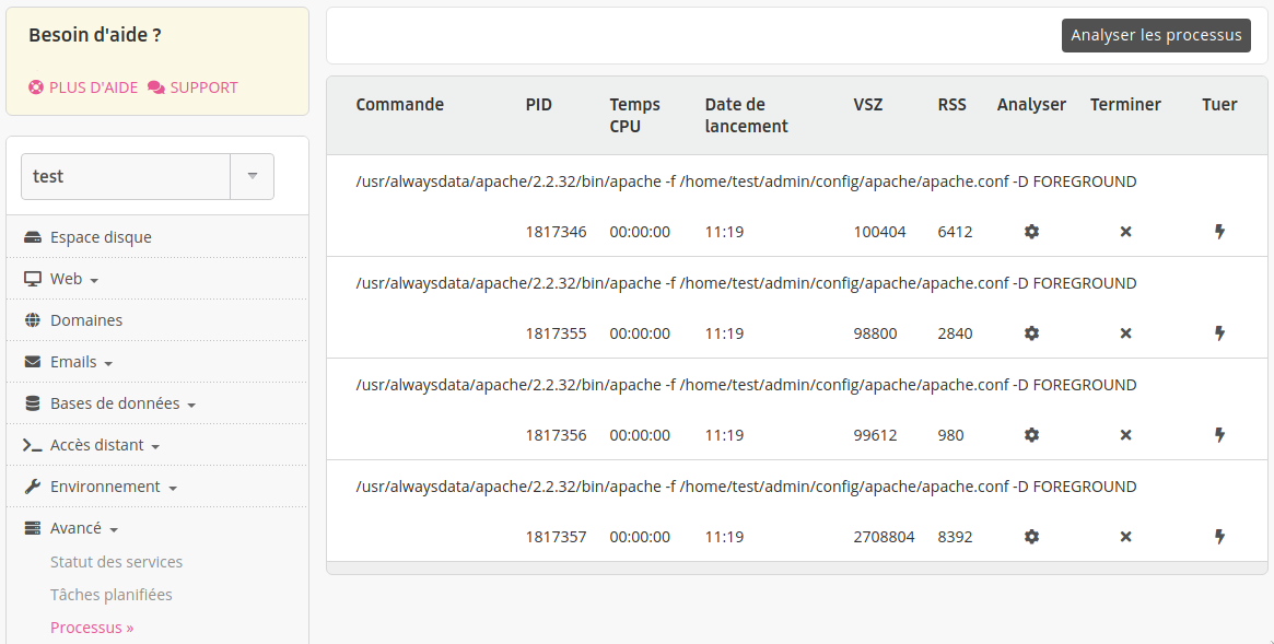 Menu Processus : liste
