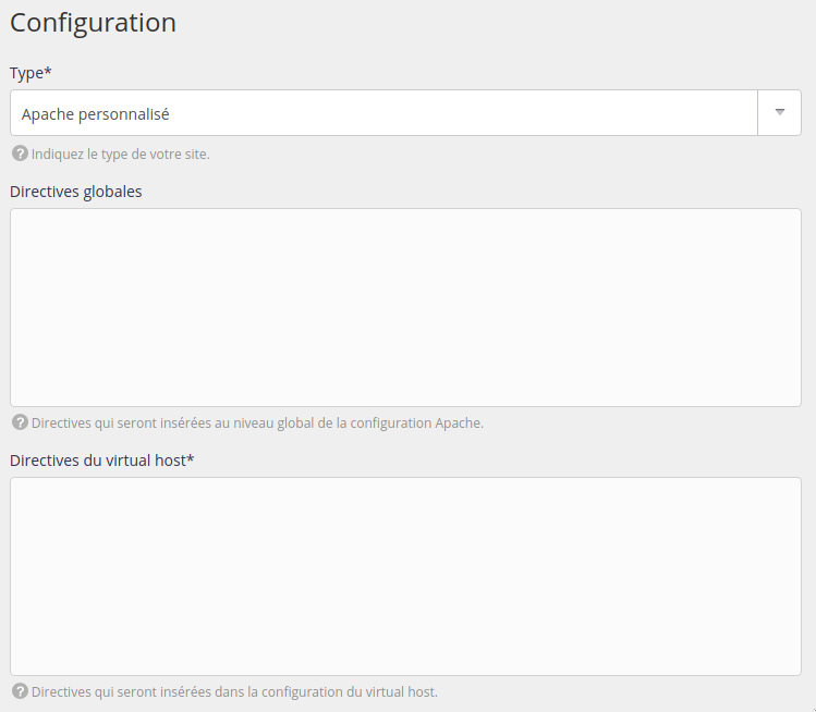Ajouter un site : Apache personnalisé