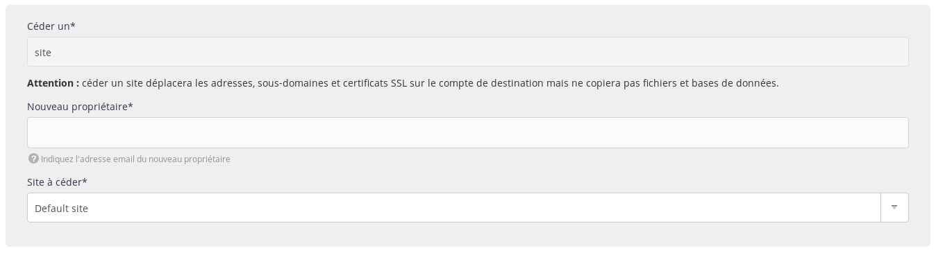 Interface d'administration : déplacement de site - étape 2