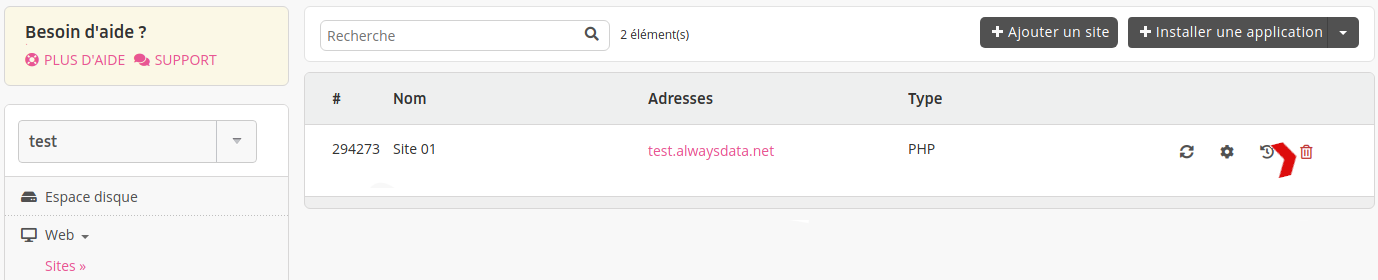 Interface d'administration : supprimer un site