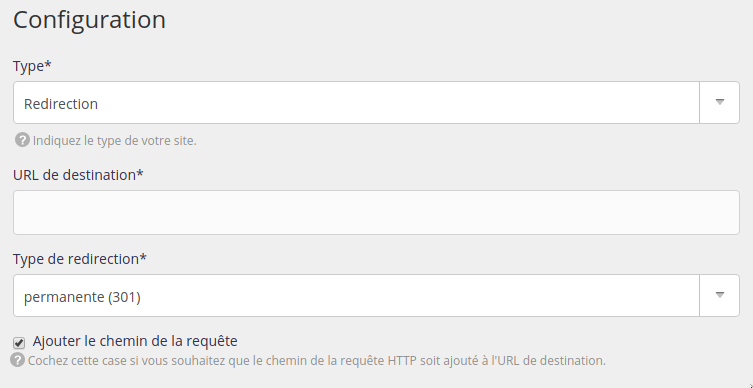 Ajouter un site : redirection