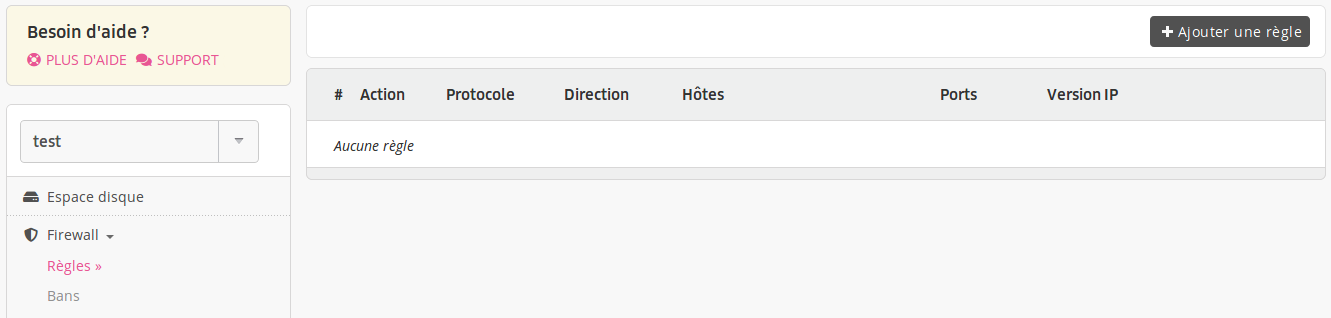Interface d'administration : liste des règles de firewall actives
